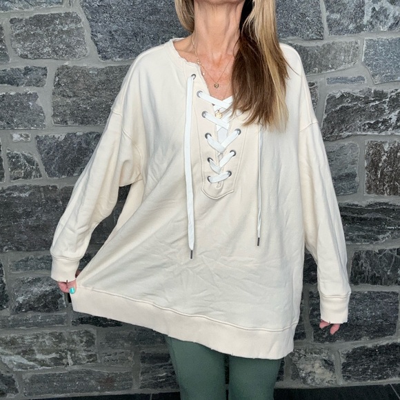 Aerie Oversized Lace Up Crew Sweatshirt in color Cream, size Large - Picture 2 of 15